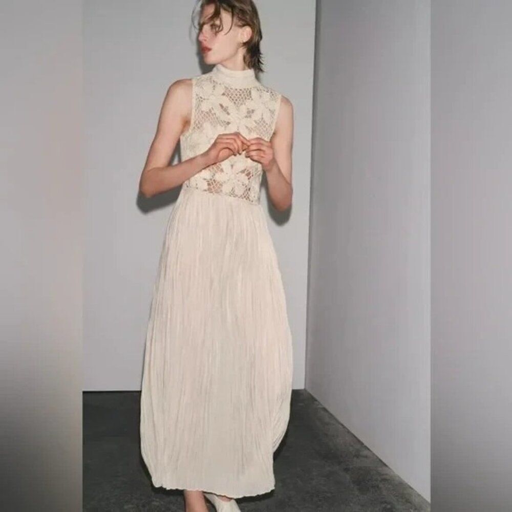 Zara Women Maxi Dress M Ivory Crochet Floral embroidery combination 7521/522 NWT